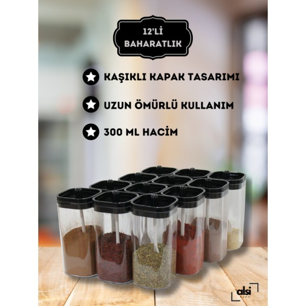 Alsi Home 12’li Kapağı Kendinden Kaşıklı Etiket Hediyeli Baharatlık Seti - Şeffaf - 300 ml Baharat Setleri & Baharatlıklar Fiyatı