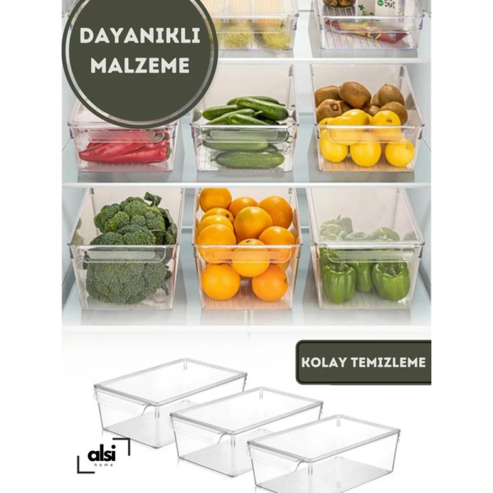 Alsi Home 3 Adet Büyük Boy Kapaklı Buzdolabı Organizeri Düzenleyici Set Şeffaf Sebze Meyve Erzak Saklama Kabı Saklama Kapları Fiyatı