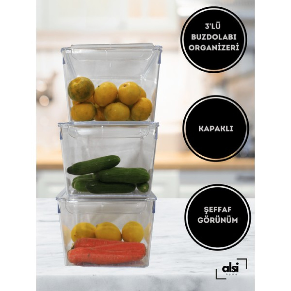 Alsi Home 3 Adet Büyük Boy Kapaklı Buzdolabı Organizeri Düzenleyici Set Şeffaf Sebze Meyve Saklama Kabı Saklama Kapları Fiyatı