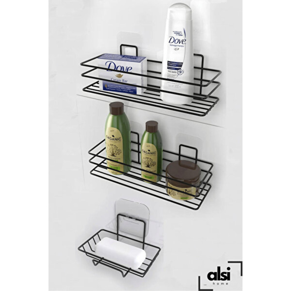 Alsi Home 3'lü Banyo Seti Yapışkanlı Paslanmaz Banyo Sabunluk Duşakabin Rafı Şampuanlık Banyo Düzenleyici Set - Siyah Banyo Aksesuarları Fiyatı