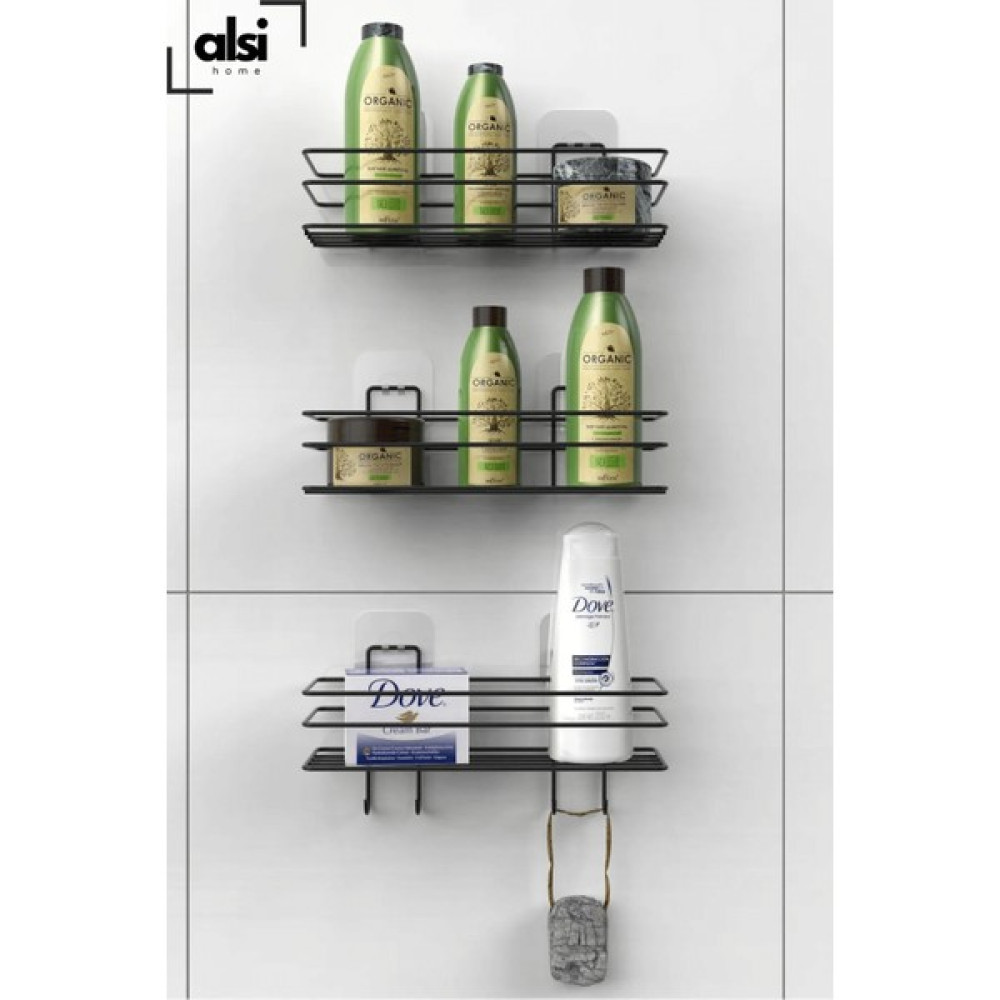 Alsi Home 3'lü Set Yapışkanlı 4 Kancalı Paslanmaz Banyo Rafı Mat Siyah Banyo Şampuanlık Duşakabin Duş Askısı Banyo Askılık Fiyatı