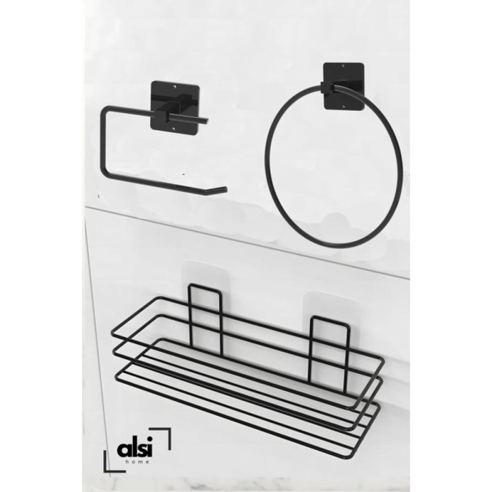 Alsi Home 3'lü Set Yapışkanlı Banyo Düzenleyici Duşakabin Şampuanlık Banyo Rafı Wc Kağıtlık ve Havluluk - Siyah Banyo Askılık Fiyatı