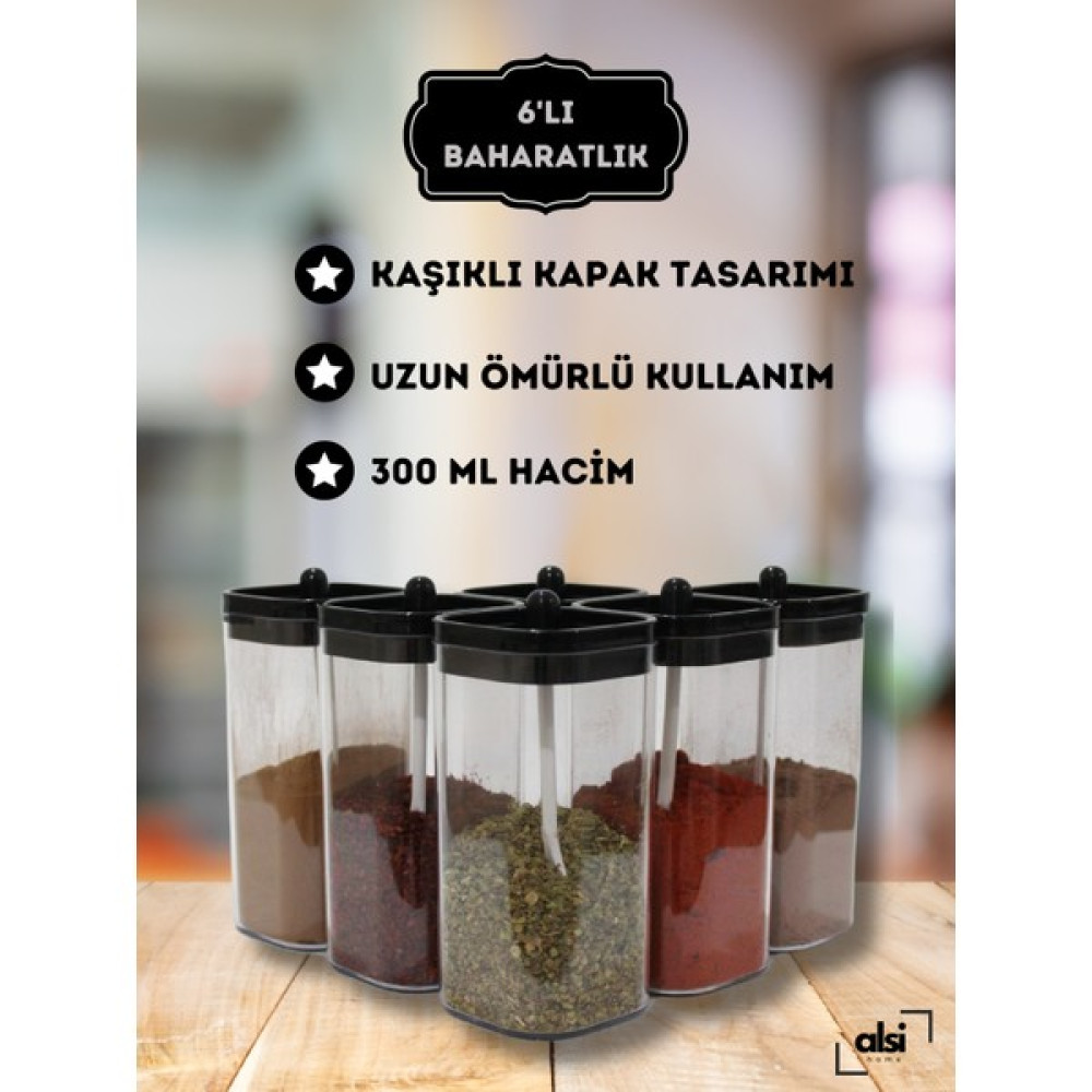 Alsi Home 6’lı Kapağı Kendinden Kaşıklı Etiket Hediyeli Baharatlık Seti - Şeffaf - 300 ml Baharat Setleri & Baharatlıklar Fiyatı