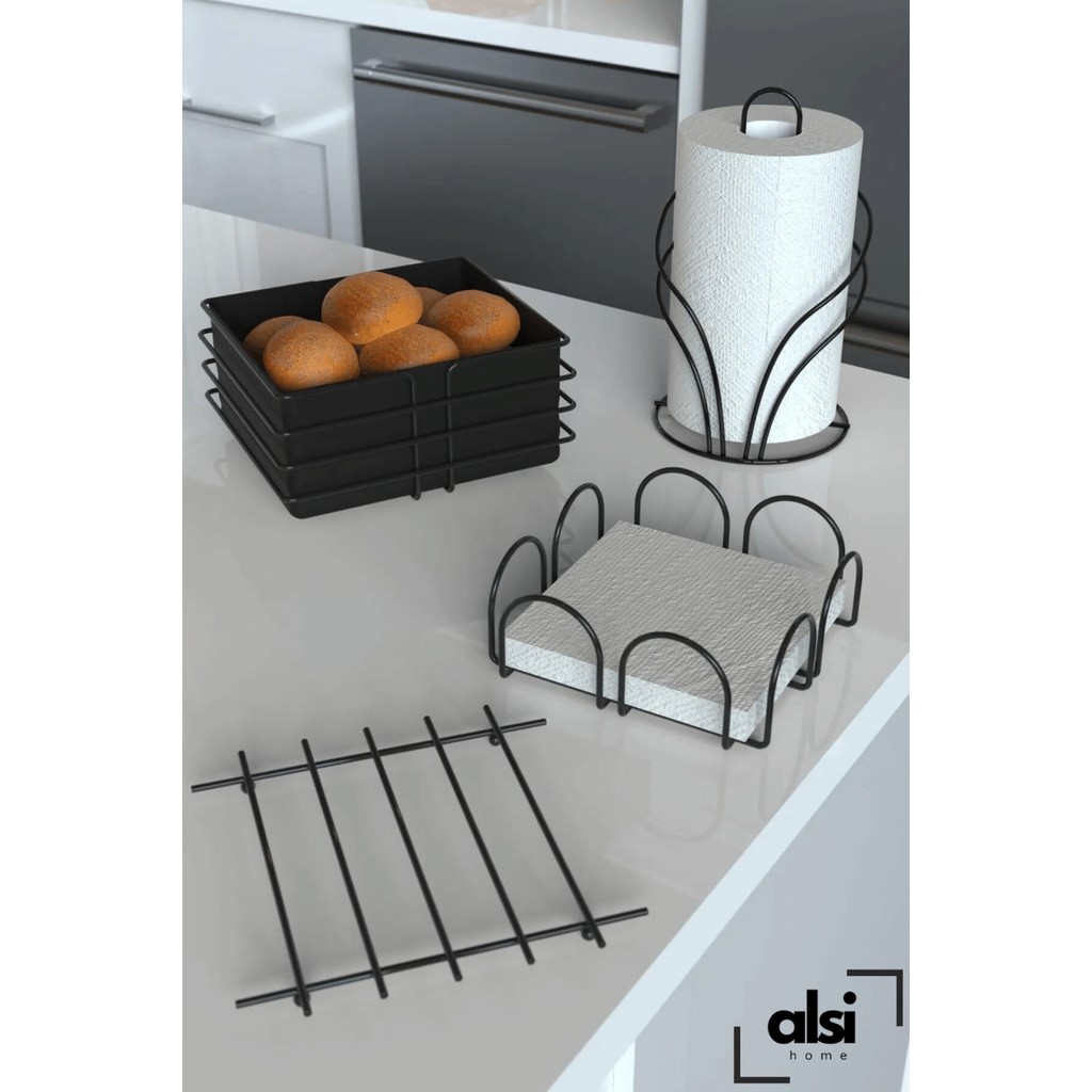 Alsi Home Servis Sunum Seti ve Ekmeklik Seti Havluluk Rulo Peçetelik Yatay Peçetelik Nihale Ekmeklik - 4lü Set - Siyah Mutfak Gereçleri Fiyatı