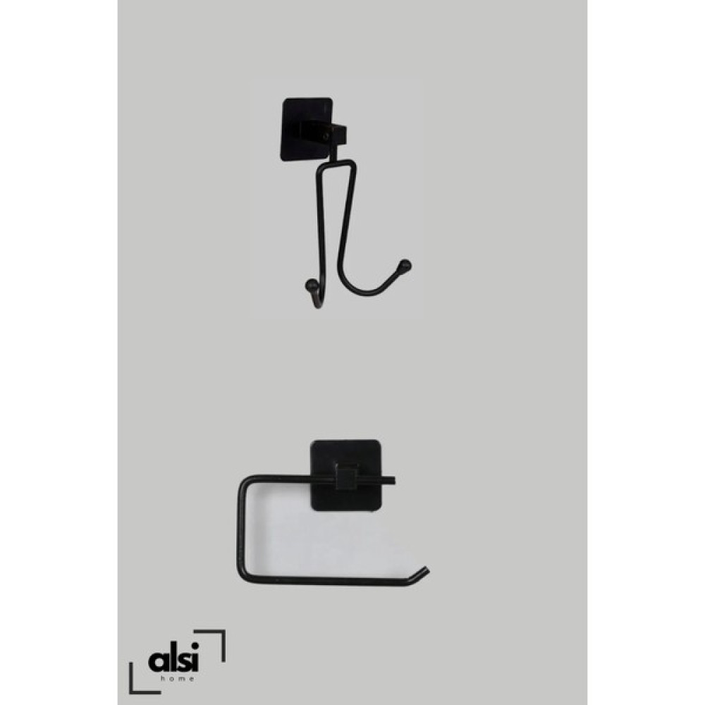 Alsi Home Yapışkanlı 2 Kancalı Askılık Havlu Askısı ve Tuvalet Wc Kağıtlık Pratik Banyo 2'li Set - Siyah Banyo Askılık Fiyatı