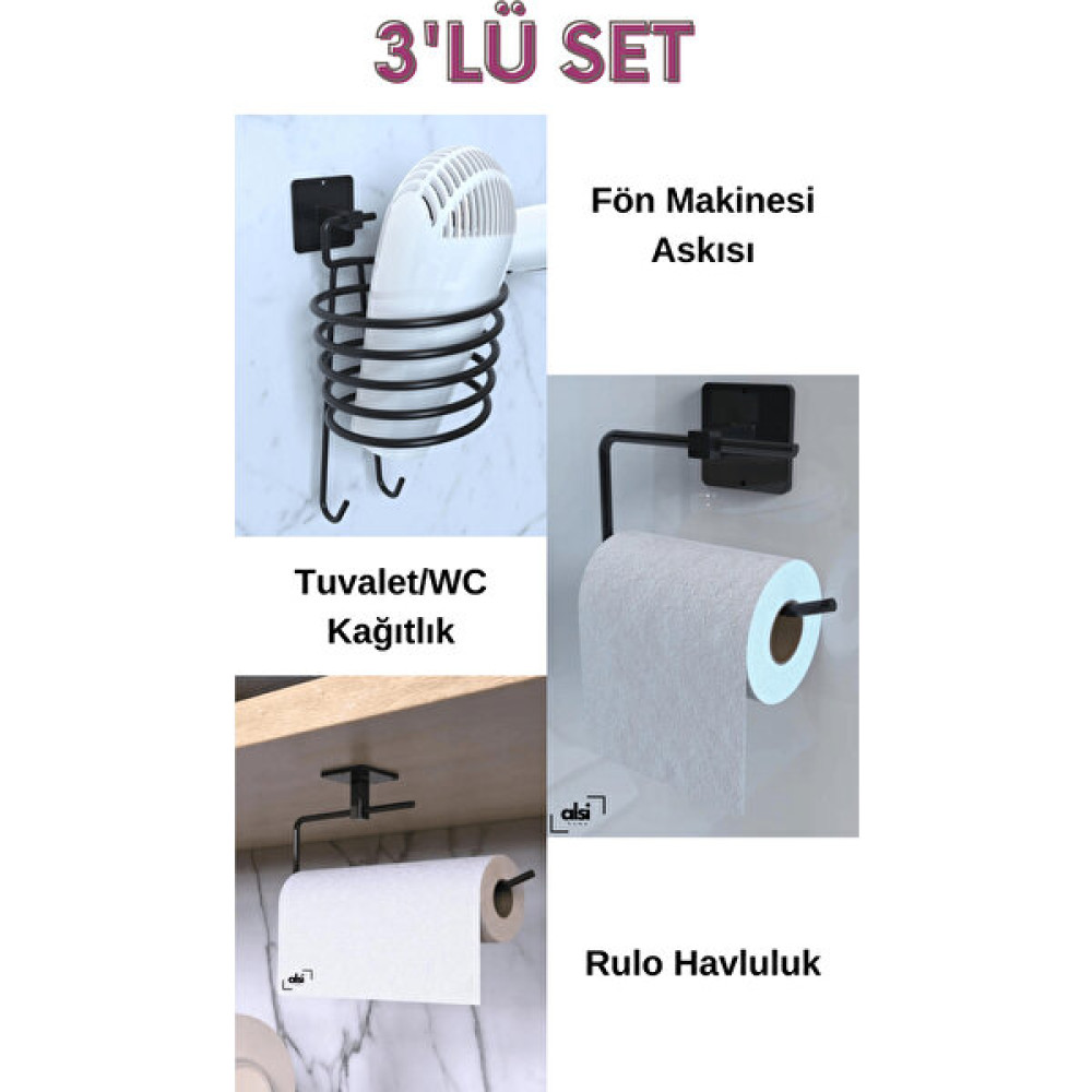 Alsi Home Yapışkanlı 3 Lü Siyah Fön Makinesi Askısı Tuvalet Kağıtlık Havlu Peçetelik Pratik Tuvalet Banyo Seti Tuvalet Kağıtlığı Fiyatı