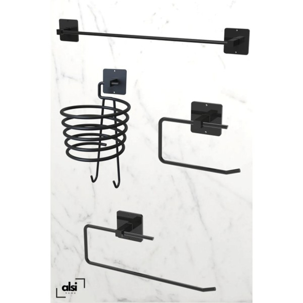 Alsi Home Yapışkanlı 4 Lü Siyah Fön Makinesi Askısı Havlu Askısı Wc Tuvalet Kağıtlık Rulo Havluluk Banyo Set Banyo Askılık Fiyatı