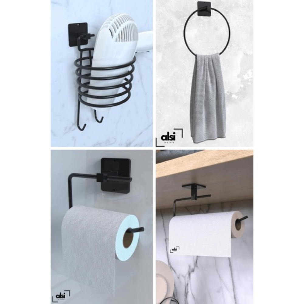 Alsi Home Yapışkanlı 4 lü Siyah Fön Makinesi Askısı Rulo Havluluk Wc Tuvalet Kağıtlık Yuvarlak Havluluk Seti Banyo Askılık Fiyatı