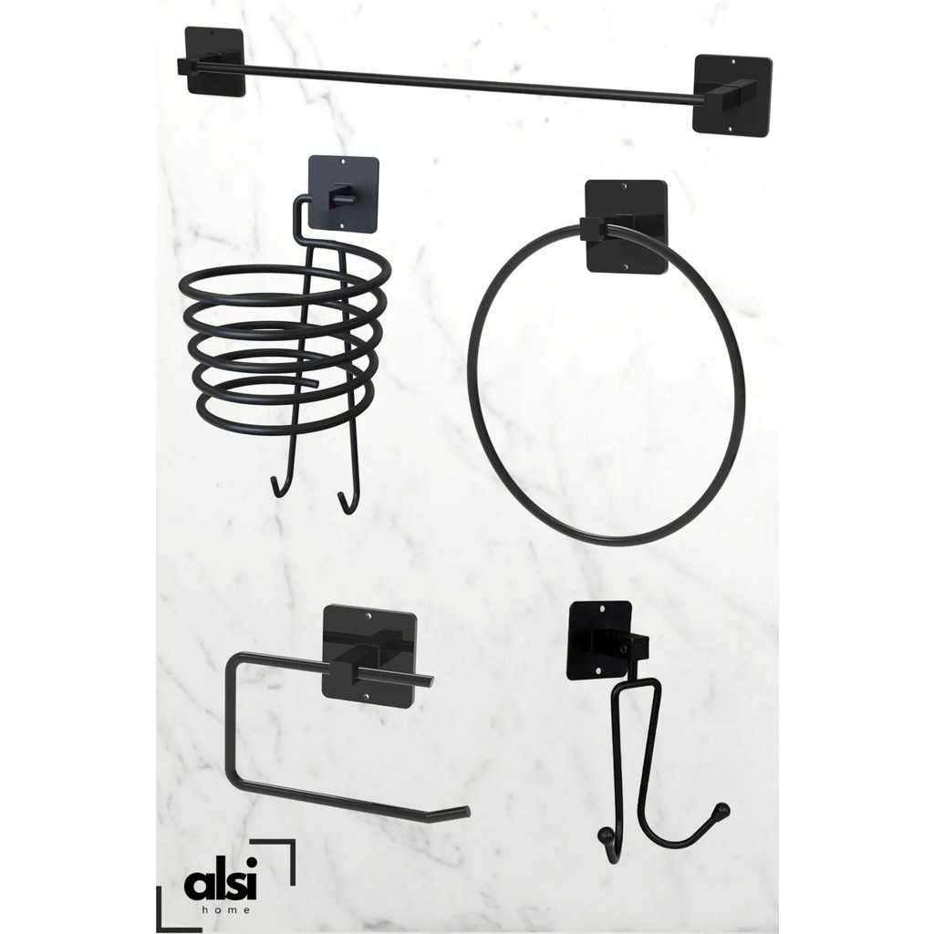 Alsi Home Yapışkanlı 5 Li Siyah Uzun Havlu Fön Askısı Wc Tuvalet Kağıtlık Rulo Havluluk Askı Banyo Seti El / Yüz Havlusu Fiyatı
