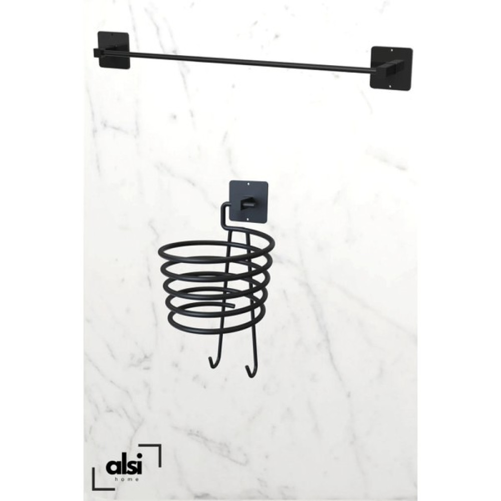 Alsi Home Yapışkanlı Siyah Fön Makinesi Askısı ve Uzun Havlu Askılık Havluluk Pratik 2'li Set Banyo Askılık Fiyatı
