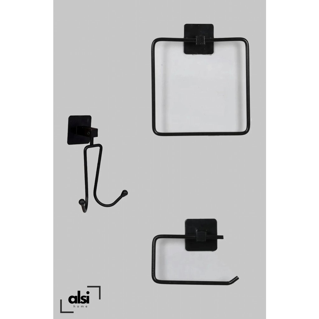 Alsi Home Yapışkanlı Siyah Kare Havluluk Wc Tuvalet Kağıtlık ve 2 Kancalı Askılık Banyo 3'lü Set Banyo Askılık Fiyatı