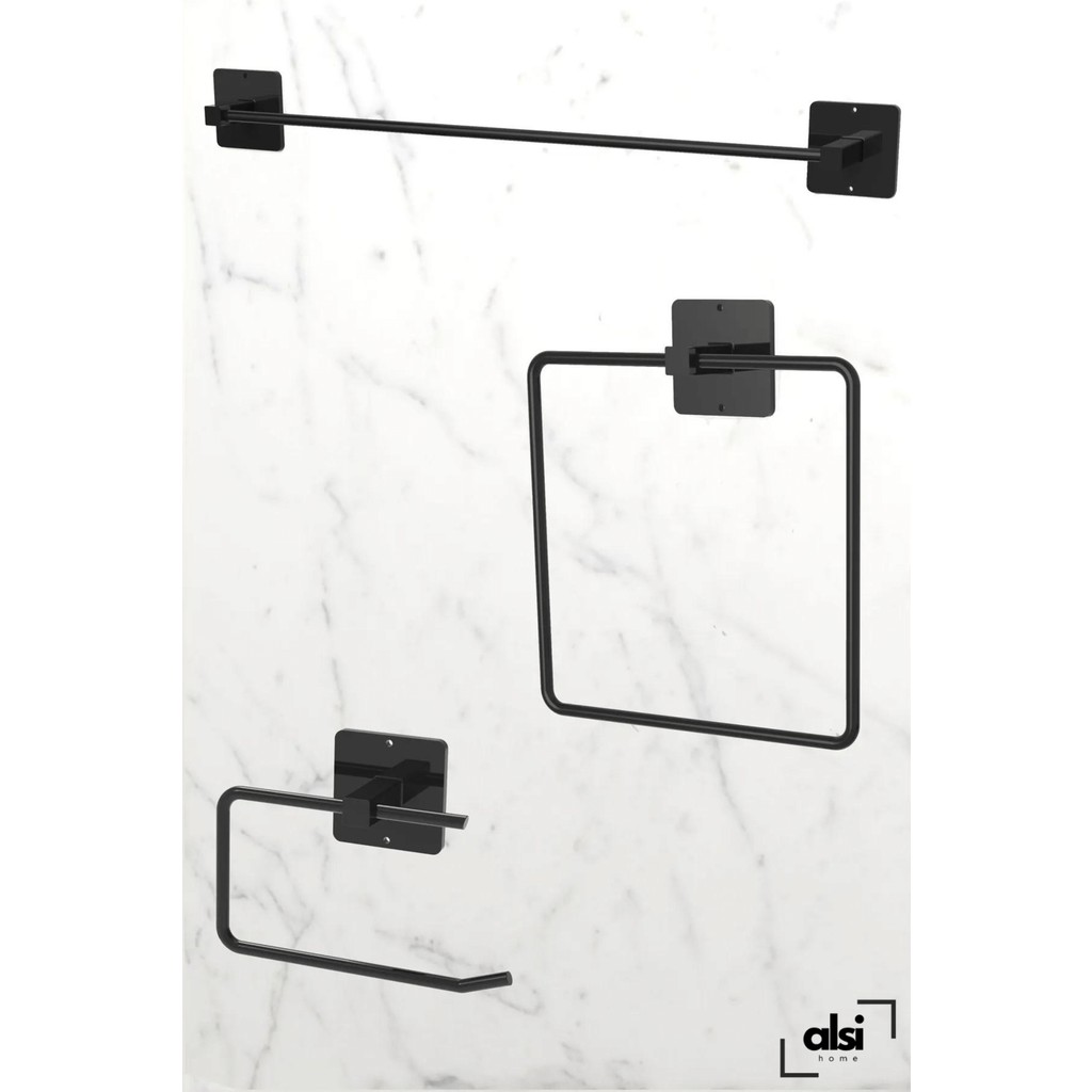 Alsi Home Yapışkanlı Siyah Uzun Havlu Askısı Kare Havluluk Havlu Askısı Wc Tuvalet Kağıtlık 3 Lü Banyo Set Banyo Askılık Fiyatı