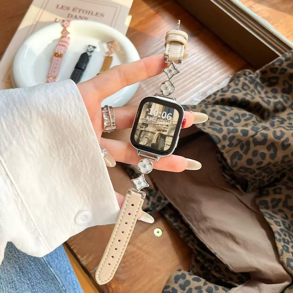 Alstrap Apple Watch 11-10 42MM 5 6 7 8 9 Se 38 40 41MM Uyumlu Zari Inci Taşlı Deri Kordon Kayış - Watch 10 42mm 38 40 41mm - Bej - Gümüş Diğer Fiyatı