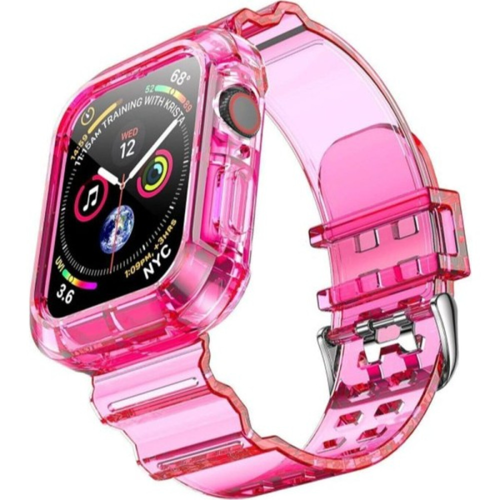 Alstrap Apple Watch 4-5-6-7-8-9 Se Uyumlu 38MM 40MM 41MM Kordon Kasa Korumalı Şeffaf Kordon - Pembe Giyilebilir Teknoloji Aksesuarları Fiyatı