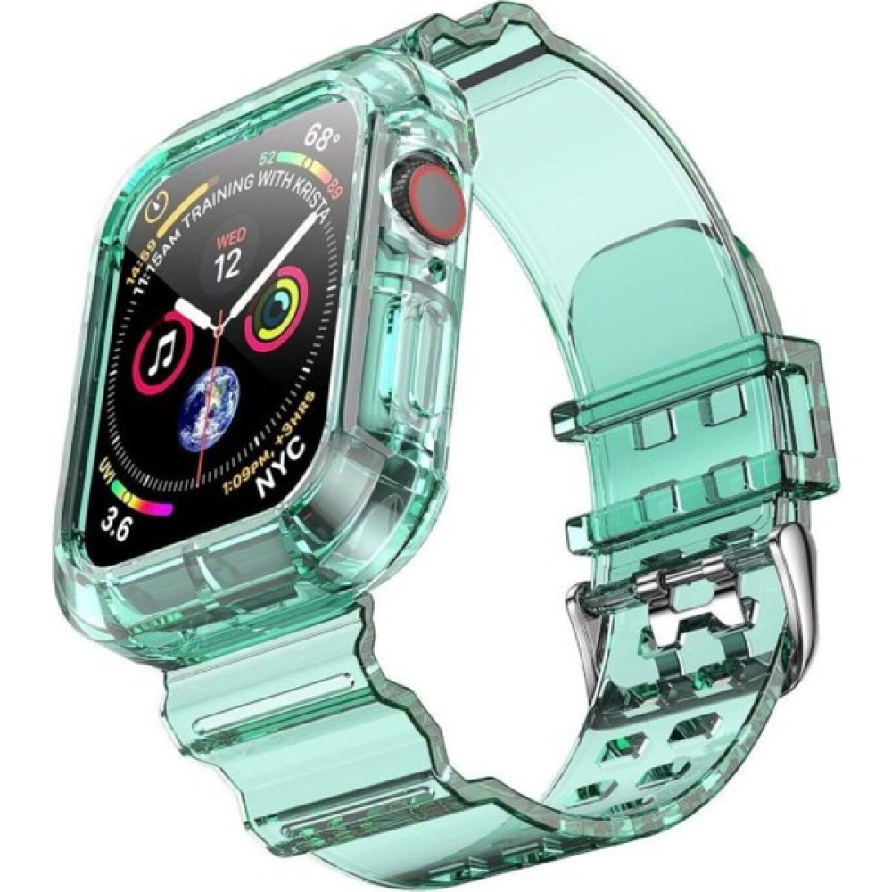 Alstrap Apple Watch 4-5-6-7-8-9 Se Uyumlu 38MM 40MM 41MM Kordon Kasa Korumalı Şeffaf Kordon - Yeşil Giyilebilir Teknoloji Aksesuarları Fiyatı