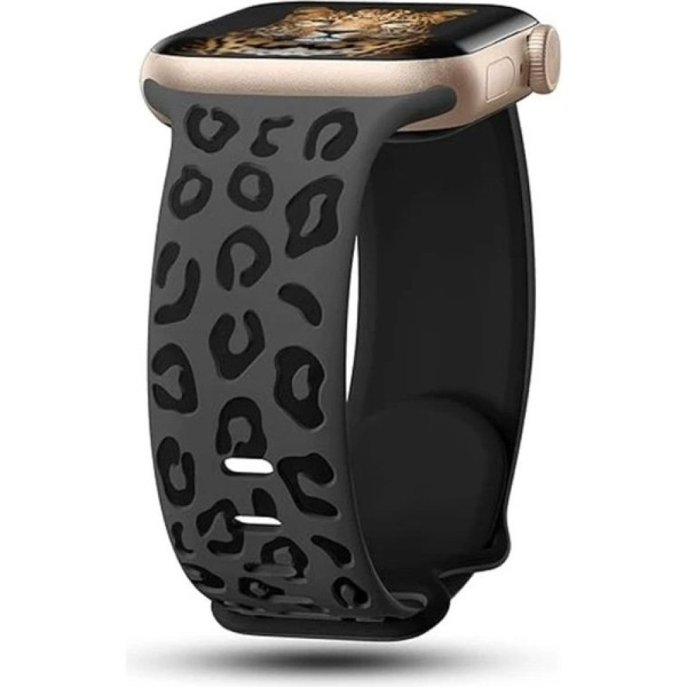 Alstrap Apple Watch 6 7 8 9 10 Se Uyumlu 40-41-42MM(SADECE Seri 10) Leopar Desenli Silikon Kordon - 38mm-40mm-41mm-42mm - Siyah Giyilebilir Teknoloji Aksesuarları Fiyatı