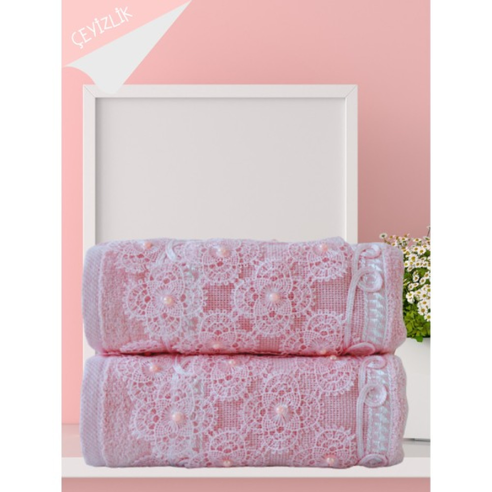 Alsuar Fransız Boncuklu Çeyizlik Hediyelik Kadife El Yüz Havlu Seti 50X90 cm FRNZ23 - Pudra - 50 x 90 cm El / Yüz Havlusu Fiyatı