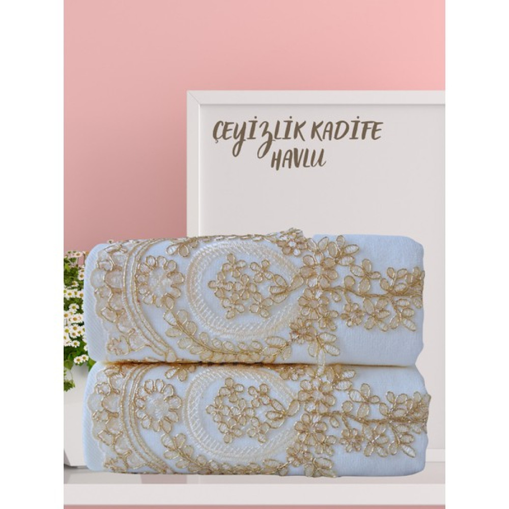Alsuar Fransız Desenli 2'li Kadife Çeyizlik Hediyelik Havlu Seti 50X90 cm FRNZK23 - Gold - 50 x 90 cm El / Yüz Havlusu Fiyatı