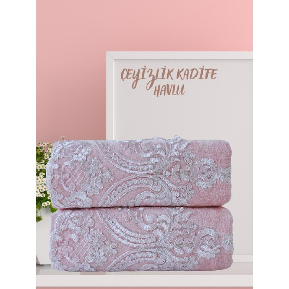 Alsuar Fransız Desenli 2'li Kadife Çeyizlik Hediyelik Havlu Seti 50X90 cm FRNZK23 - Gül Kurusu - 50 x 90 cm El / Yüz Havlusu Fiyatı