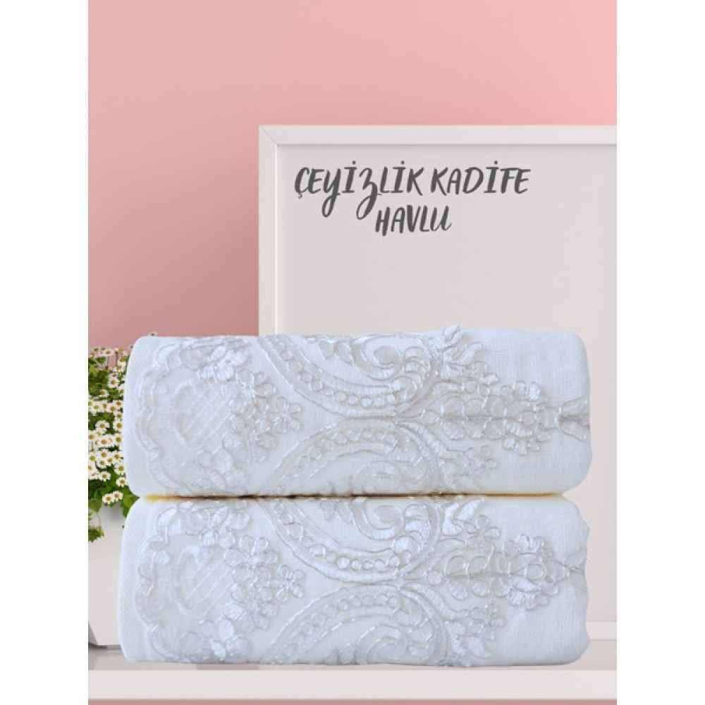 Alsuar Fransız Desenli 2'li Kadife Çeyizlik Hediyelik Havlu Seti 50X90 cm FRNZK23 - Gümüş - 50 x 90 cm El / Yüz Havlusu Fiyatı