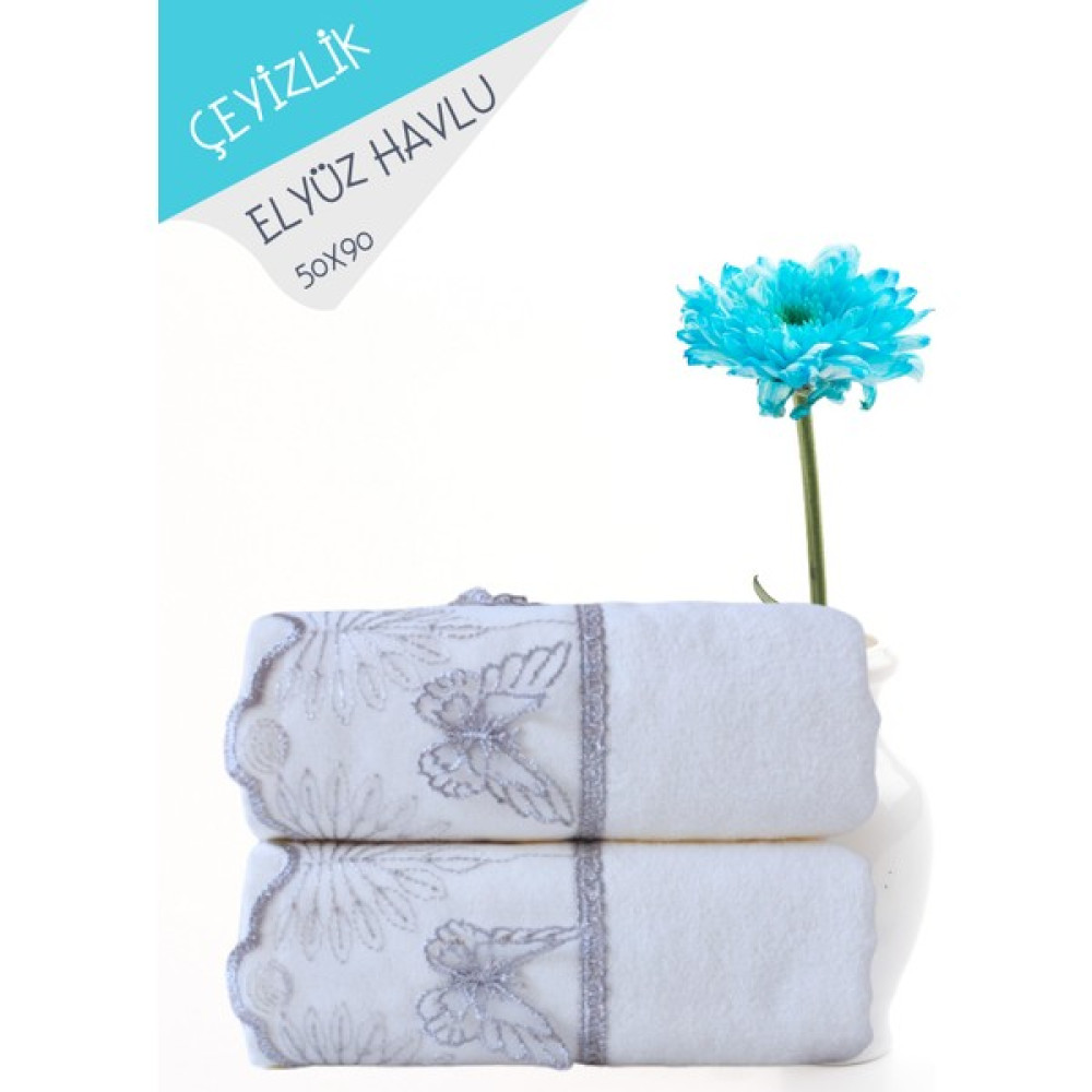 Alsuar Fransız Kelebek Desen Kadife 3 Boyutlu 2'li Çeyizlik Hediyelik 50X90 El Yüz Havlu Seti FK23 - Gümüş - 50 x 90 cm El / Yüz Havlusu Fiyatı