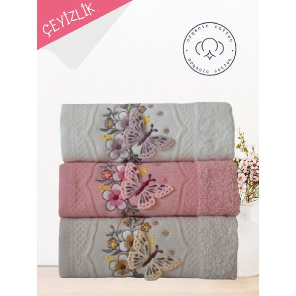 Alsuar Kelebek 3'lü Çok Renkli 3 Boyutlu Çeyizlik Hediyelik Mutfak Havlusu 30X50 cm KLBK23 - Kahverengi - Pembe - 30 x 50 cm El / Yüz Havlusu Fiyatı