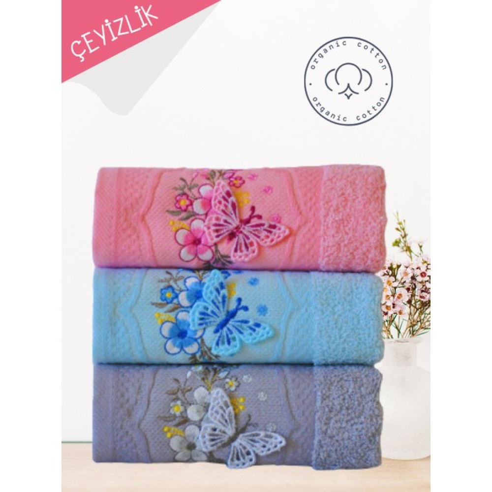 Alsuar Kelebek 3'lü Çok Renkli 3 Boyutlu Çeyizlik Hediyelik Mutfak Havlusu 30X50 cm KLBK23 - Mavi - Pembe - 30 x 50 cm El / Yüz Havlusu Fiyatı