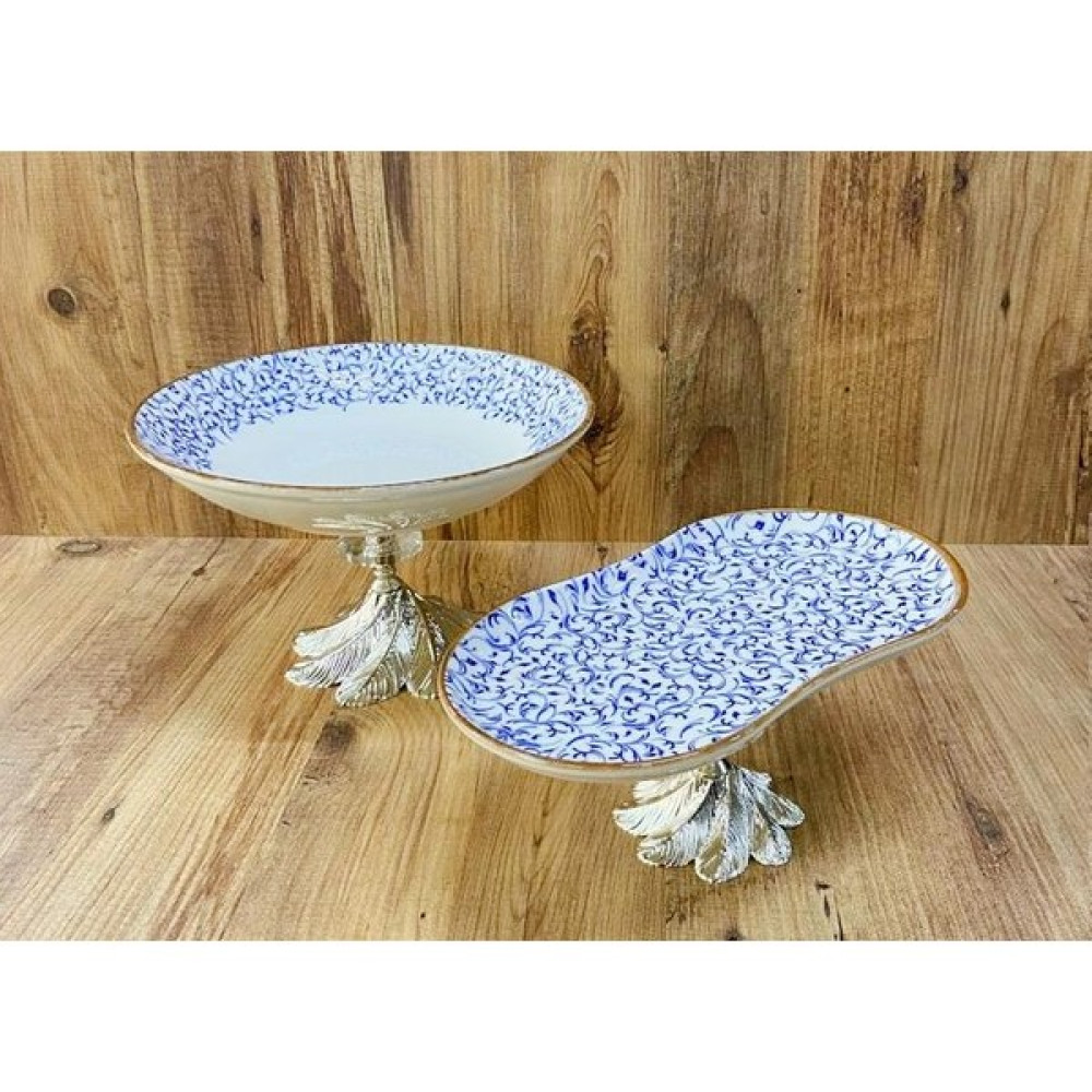 altabi Porselen Ayaklı Sunumluk Mavi Desenli Kase 23 cm Kayık 25 cm Kase Fiyatı