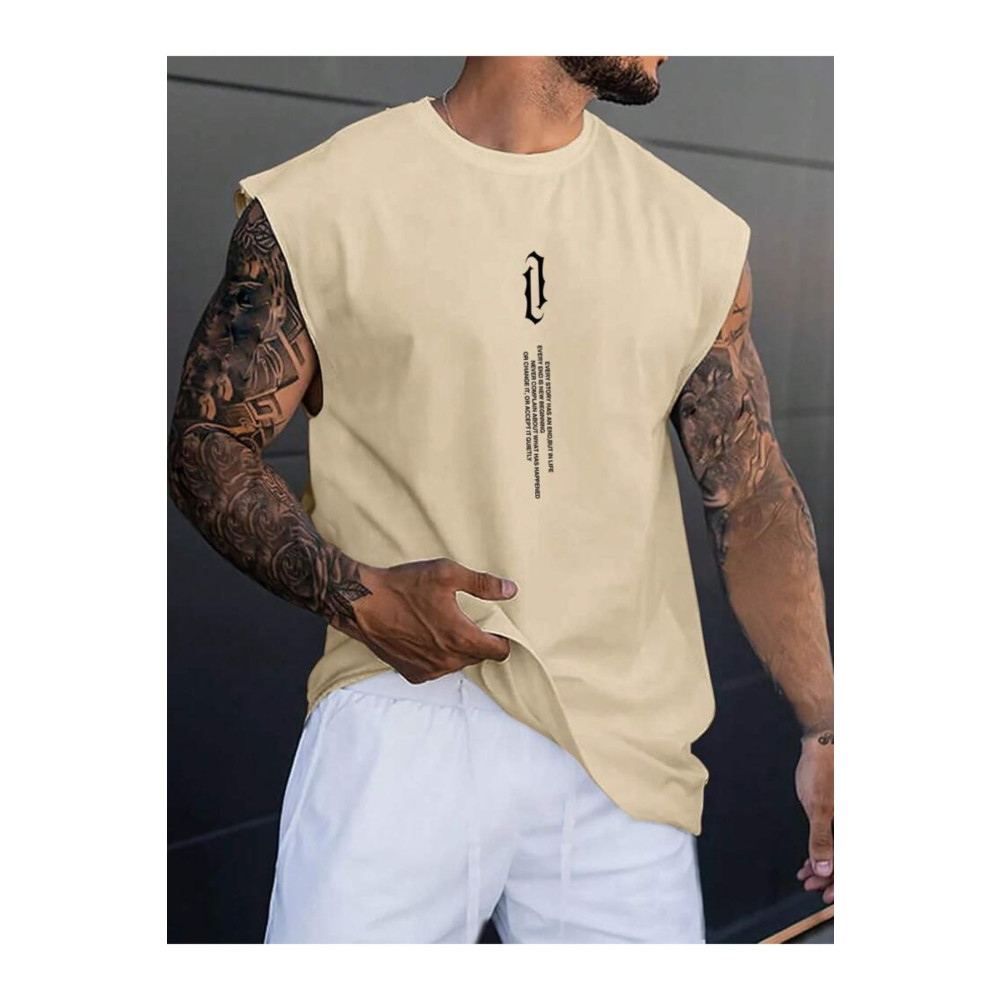 Altamira Erkek Bej Dikey Baskılı Oversize Kolsuz T-shirt XL Beden Bayan T-shirt Fiyatı