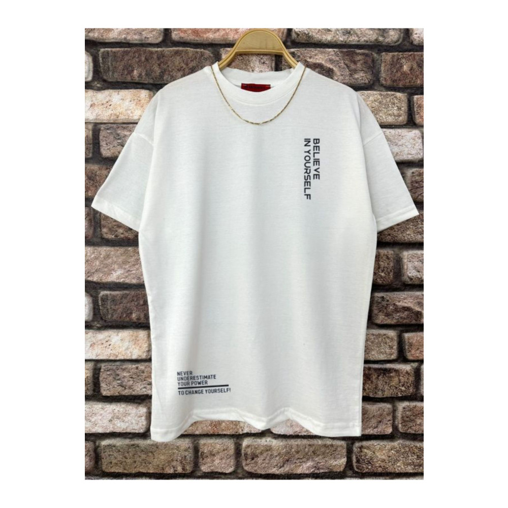 Altamira Erkek Beyaz Believe Baskılı Oversize T-shirt M Beden Bayan T-shirt Fiyatı