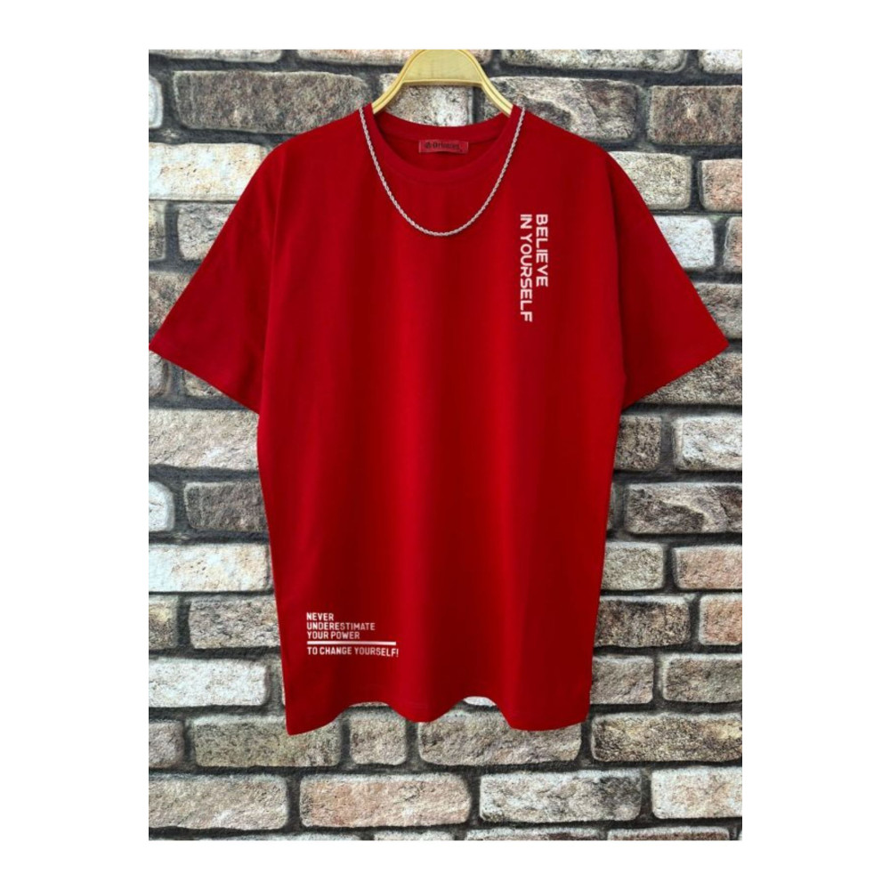 Altamira Erkek Kırmızı Believe Baskılı Oversize T-shirt L Beden Bayan T-shirt Fiyatı