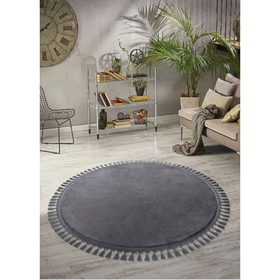 Altun Halı Yuvarlak Antirasit Ponpon Saçaklı Pelüş Jel Kaymaz Halı - 200 x 200 cm - Antrasit Anne Bebek Oyuncak Fiyatı