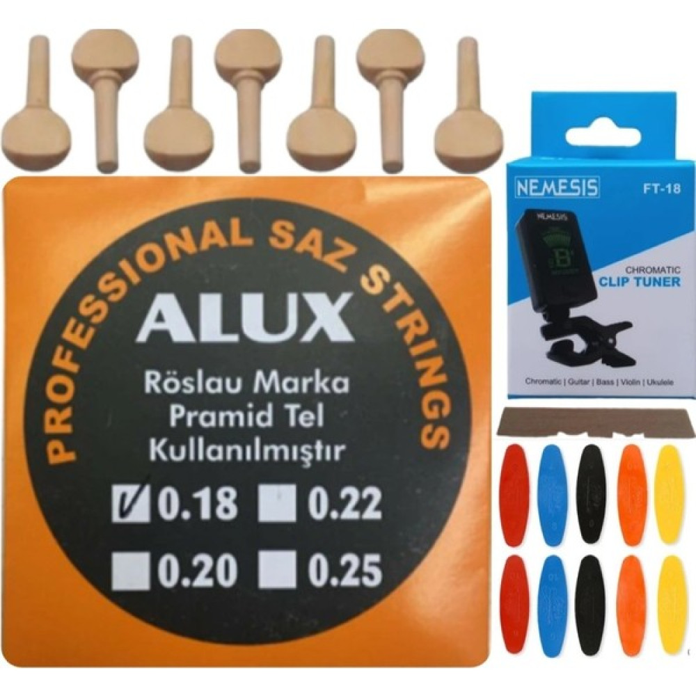 Alux 0.18 Pramid Kısa Sap Bağlama Teli Akort Cihazı + Akgürgen Burgu + Tezene + Eşik 5'li Set Müzik Aleti Aksesuarları Fiyatı
