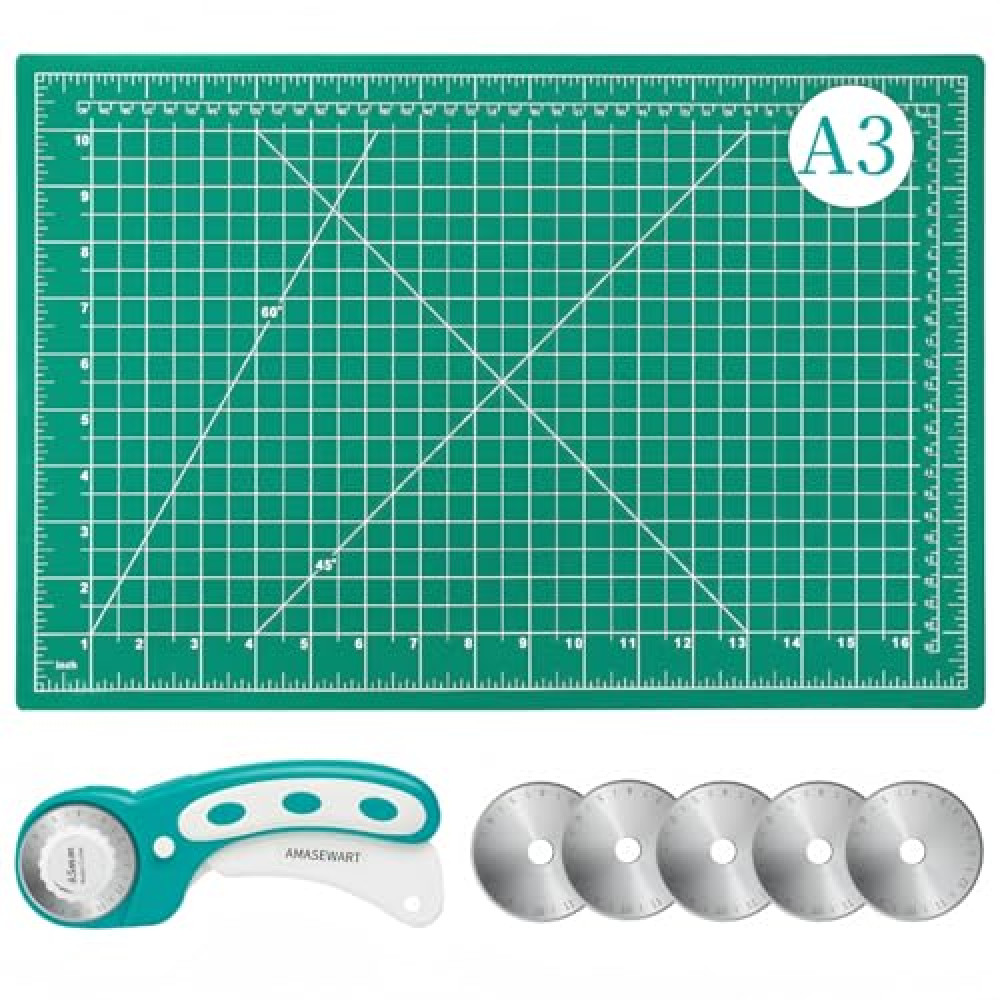 AMASEWART 45mm Rotary Cutter and Mat Set, Fabric Cutter Wheel and 12x18 Inch Self Healing Sewing Cutting Mat, Fabric Rotary Cutter with 5pcs Rotary Blades for Quilting Patchworking Crafts, Turquoise