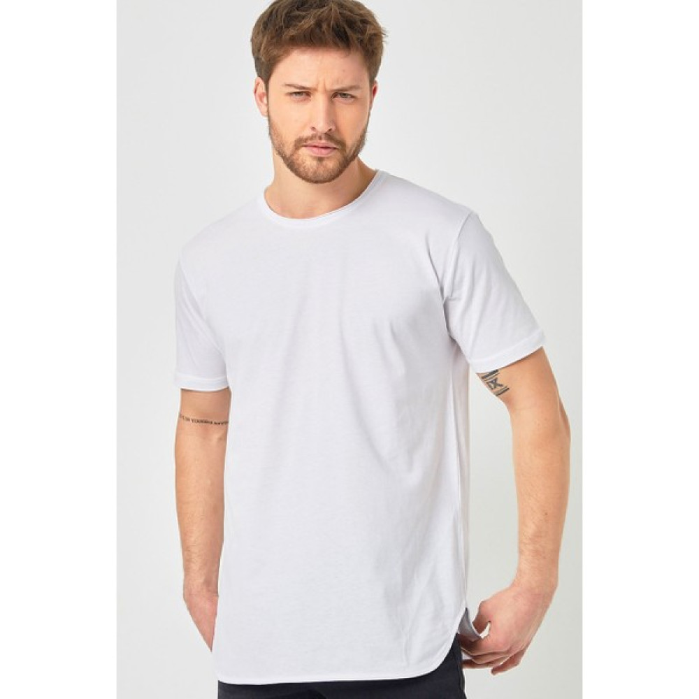 Amazing Crash Beyaz Basic Erkek Bisiklet Yaka Long Fit Eteği Biyeli T-Shirt Erkek T-shirt Fiyatı