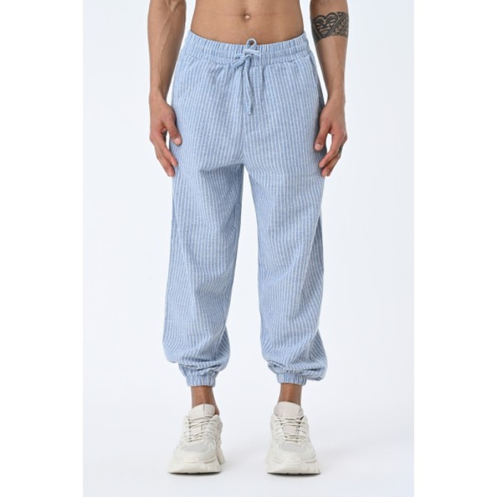 Amazing Crash Erkek Jogger Fit Lastikli Çizgili Mavi Keten Pantolon Erkek Pantolon Fiyatı
