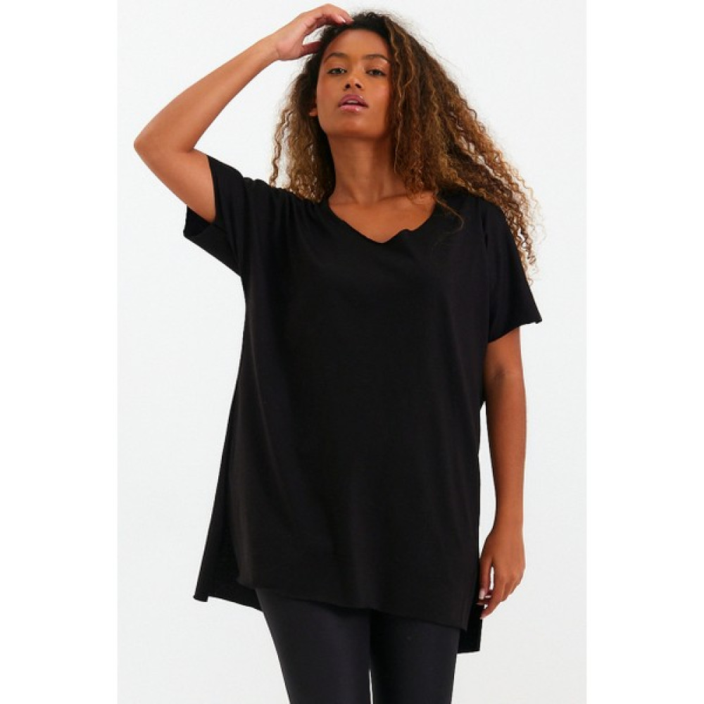 Amazing Crash Kadın V Yaka Yırtmaçlı Oversize Siyah Basic Tişört Bayan T-shirt Fiyatı
