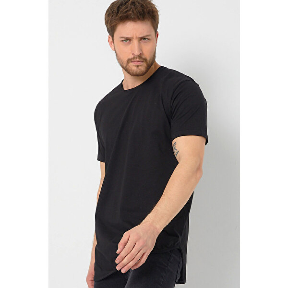 Amazing Crash Siyah Basic Erkek Bisiklet Yaka Long Fit Eteği Biyeli T-Shirt Erkek T-shirt Fiyatı