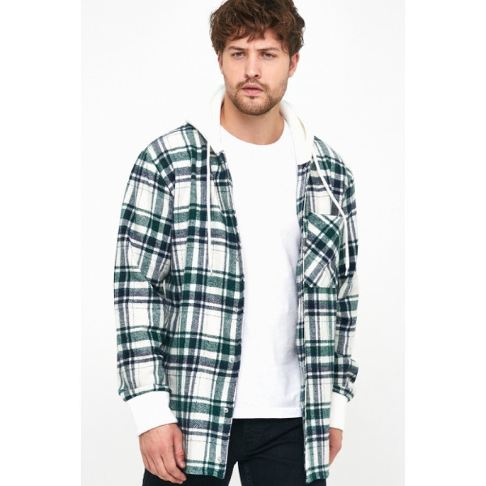 Amazing Crash Su Yeşili Beyaz Unisex Kapüşonlu Çıtçıtlı Ekose Hırka P4077 Erkek Hırkalar Fiyatı