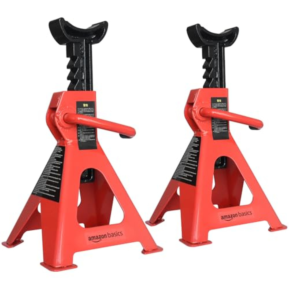 Amazon Basics Steel Jack Auto Stands with 6,000 lb or 3 Ton (2.7 metric Ton) Capacity, 1 Pair, Black and Red