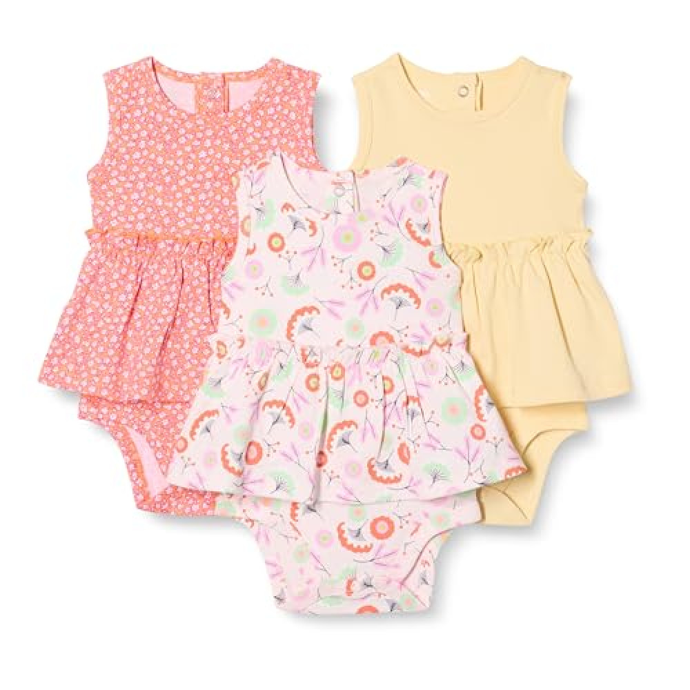Amazon Essentials Baby Girls' Sleeveless Bodysuit Dress, Pack of 3, Pale Yellow/Floral, 3-6 Months