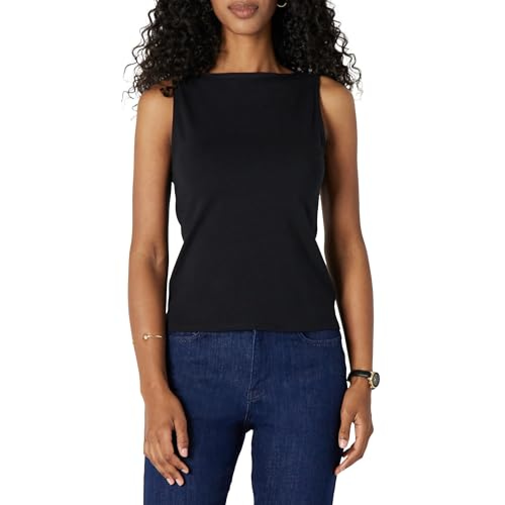 Amazon Essentials Women's Slim-Fit Rib Knit Boatneck Layering Tank, Black, Medium