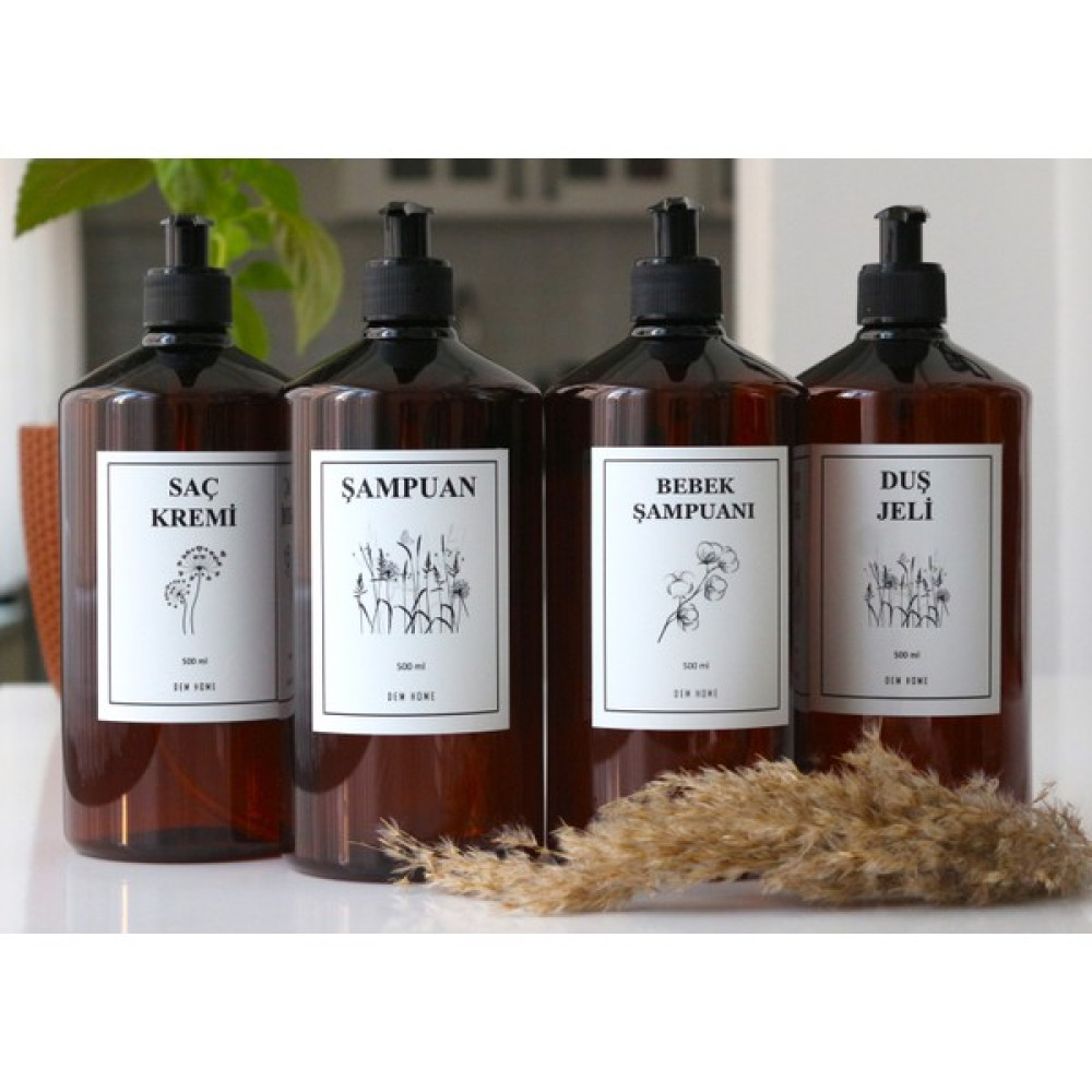 Amber Cam Görünümlü Plastik Banyo 4lü Şampuan-Duş Jeli-Saç Kremi-Bebek Şampuan Şişe Seti 1 Litre - 1 lt Sabunluk Fiyatı