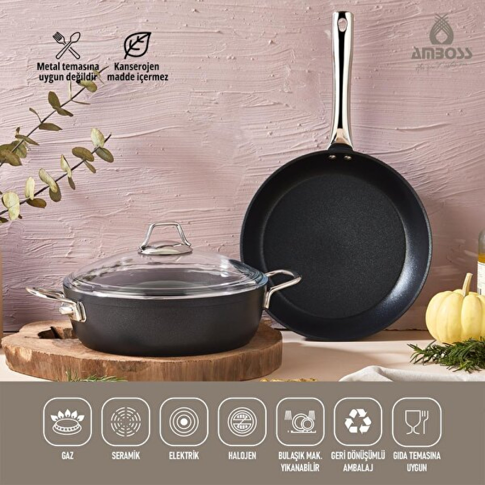 Amboss 26 CM 3 Parça Dark Yanmaz Yapışmaz Titanyum Kaplama Kapaklı Tencere Tava Seti Dar-1845 Tencereler Fiyatı