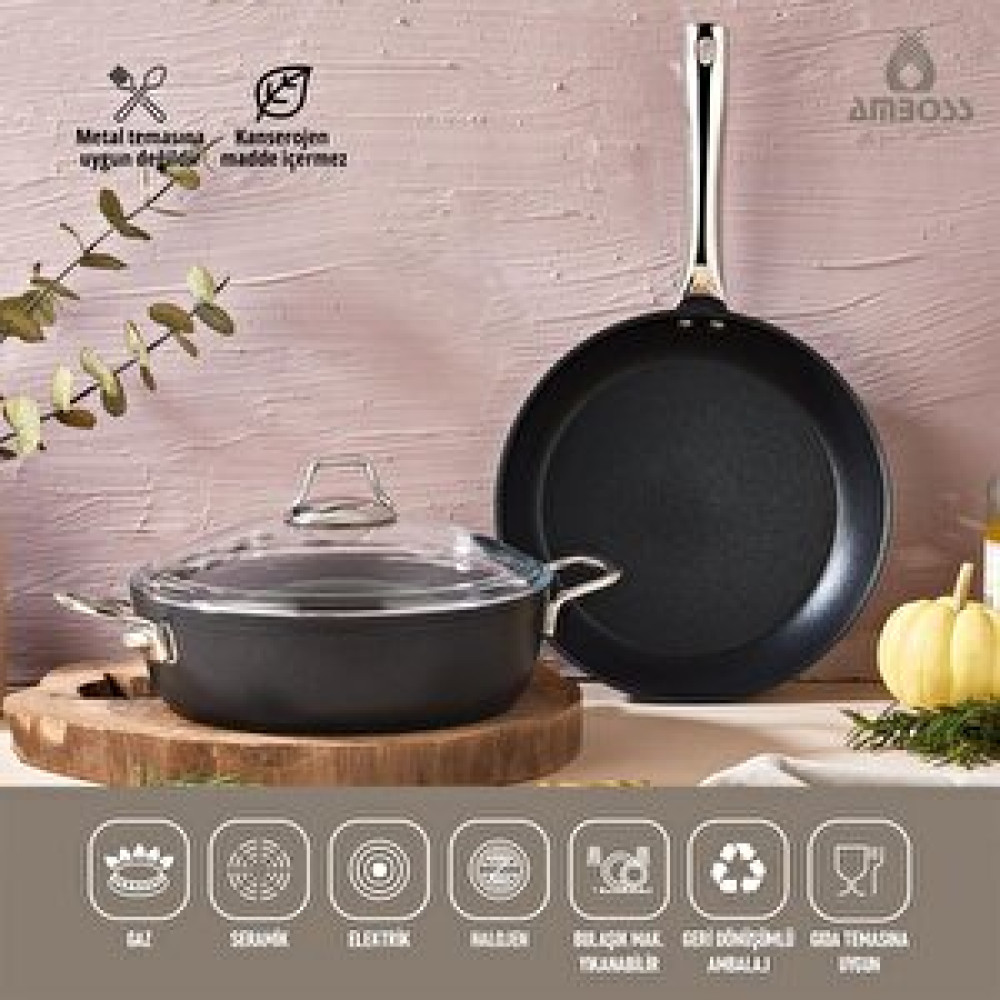 Amboss 3 Parça Dark Yanmaz Yapışmaz Titanyum Kaplama Tencere Tava Seti Kapaklı - 24 Cm Tencere / Tava Setleri Fiyatı
