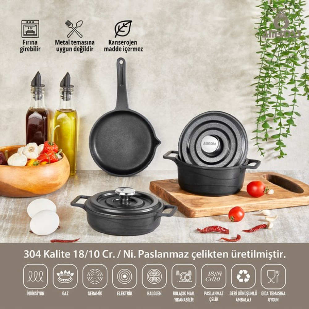 Amboss Bellus Mini 5 Parça ( Mama, Sosluk Vb.) Döküm Tencere Seti - Siyah Tencereler Fiyatı