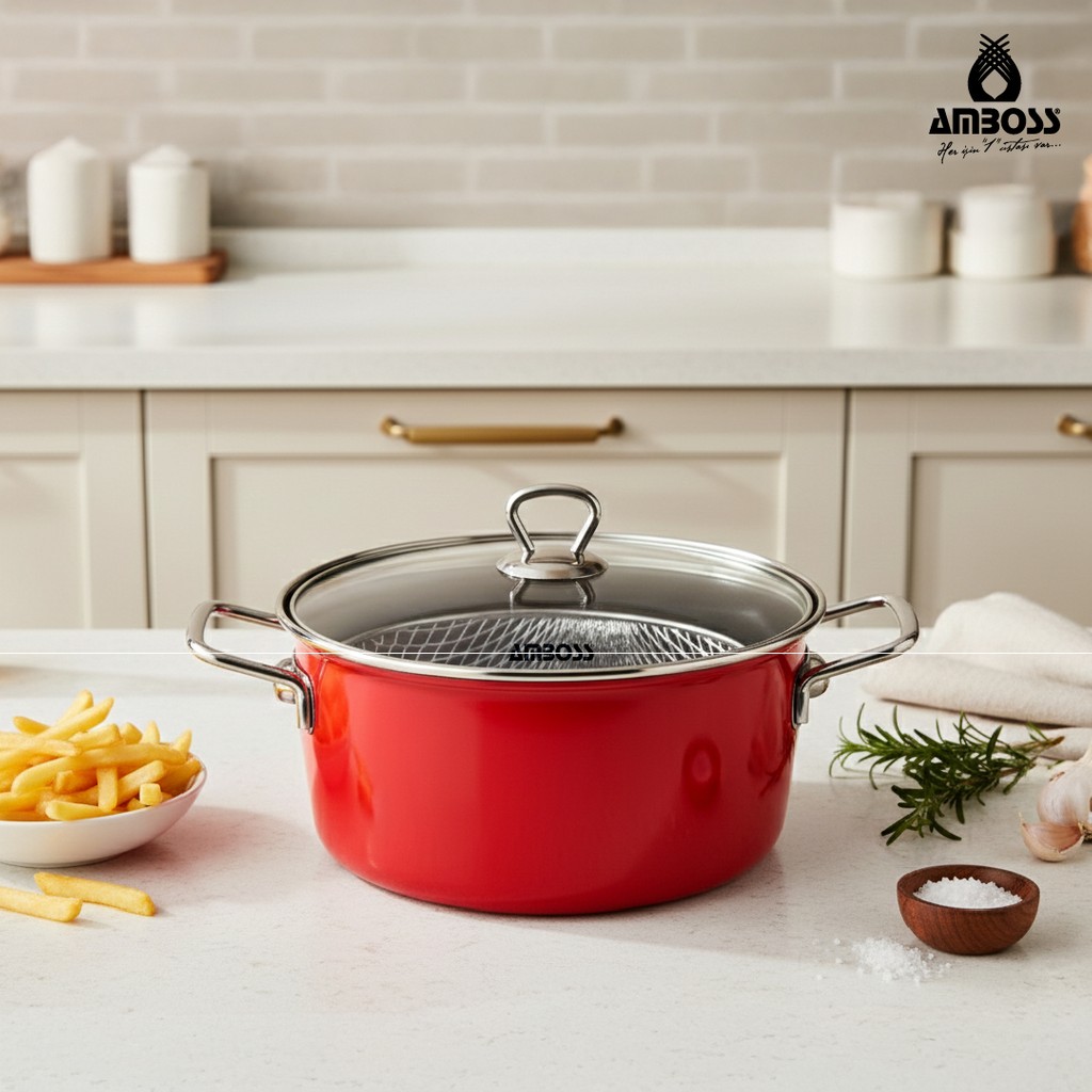 Amboss Crispella 22 Cm Cam Kapaklı Emaye Kızartma Tenceresi - Kırmızı - 22x12 Tencere / Tava Setleri Fiyatı