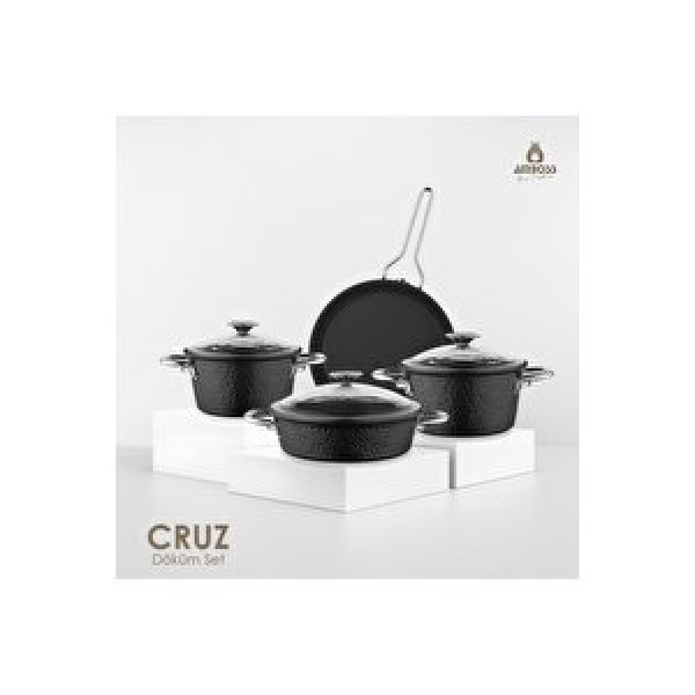 Amboss Cruz 7 Parça Payrex Cam Kapaklı Granit Döküm Tencere Seti - Siyah Tencere / Tava Setleri Fiyatı