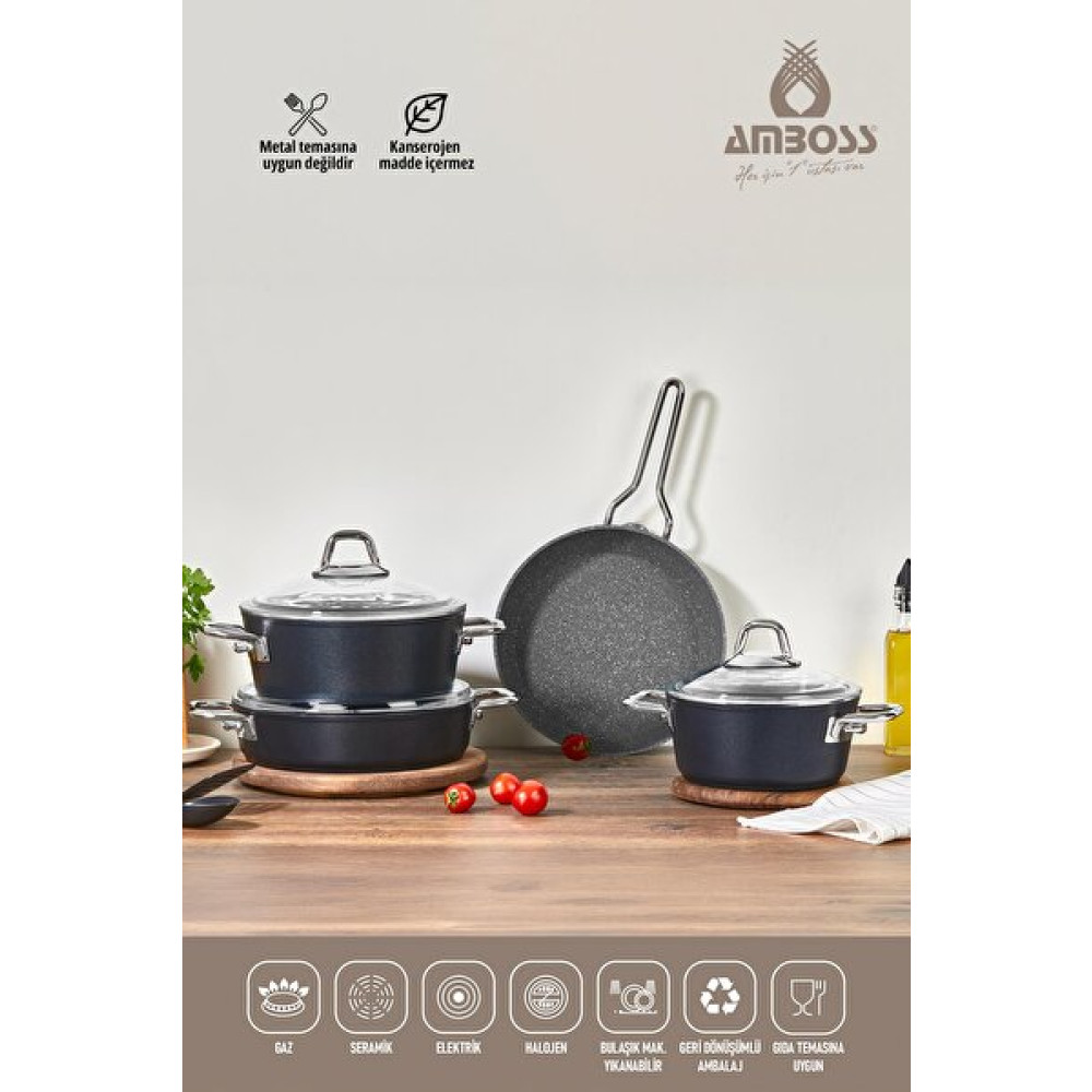 Amboss Crystal 7 Parça Granit Çift Renkli Siyah Tencere Seti Cry-0991 Tencereler Fiyatı