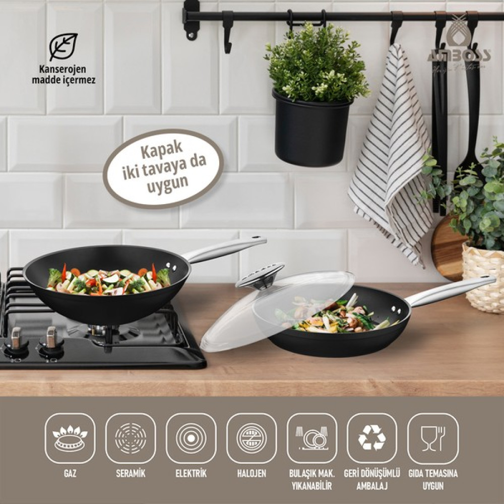 Amboss Dark Yanmaz Yapışmaz 3 Parça Titanyum Kaplama Tava -Cam Kapaklı (28 cm Wok, 28 cm Tava Tek Kapak) Tavalar Fiyatı